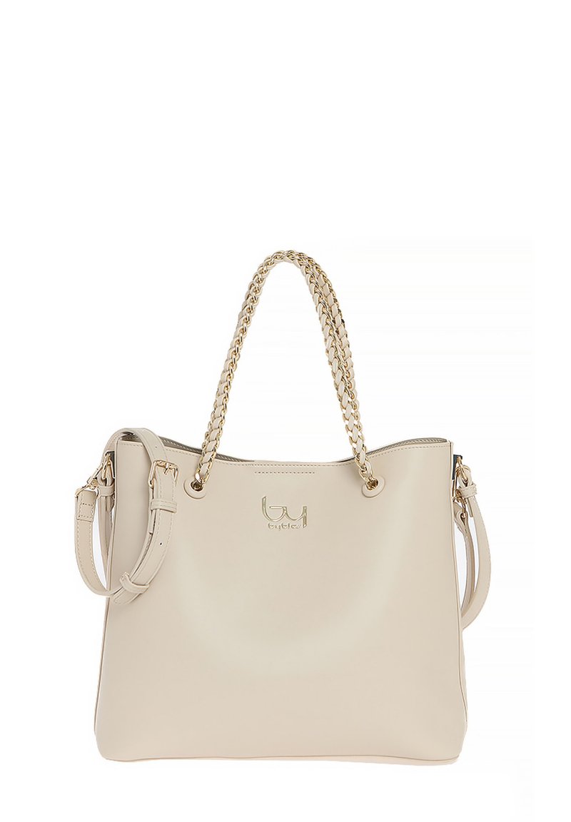 Borsa tote in pelle beige con una texture liscia, manici intrecciati doppi, accessori in tonalità oro e un logo sul fronte. Include una tracolla removibile.