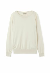 Pull à col rond à manches longues de couleur crème avec poignets et ourlet côtelés, confectionné en tissu fin tricoté.