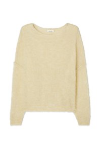 Cremfarbener Strickpullover mit lockerer Passform, weitem Ausschnitt und langen Ärmeln. Weiche Textur mit leichter Optik.