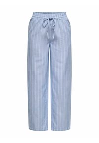 Helehallid, laiade jalgadega püksid nöörkinnitusega vöökohal. Vertikaalsed valged triibud. Pehme, sile kangas, lõdvestunud lõikega ja taskuteta.