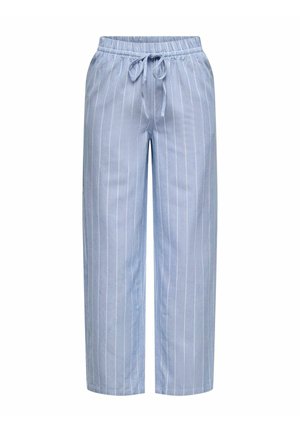 Svijetloplave hlače širokih nogavica s remenom za vezanje u struku. Uspravne bijele pruge. Mekana, glatka tkanina s opuštenim krojem i bez džepova.