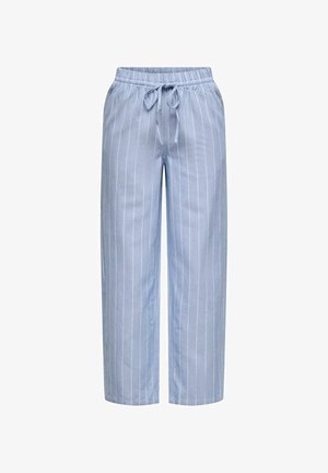 Jasnoniebieskie spodnie o szerokich nogawkach z pasem na sznurek. Pionowe białe paski. Miękki, gładki materiał o luźnym kroju, bez kieszeni.