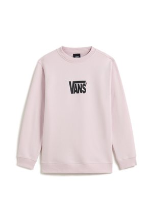 Jasnoróżowa bluza Vans z długim rękawem i okrągłym dekoltem, z czarnym logo Vans nadrukowanym na środku z przodu.