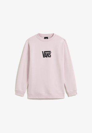 Jasnoróżowa bluza Vans z długim rękawem i okrągłym dekoltem, z czarnym logo Vans nadrukowanym na środku z przodu.