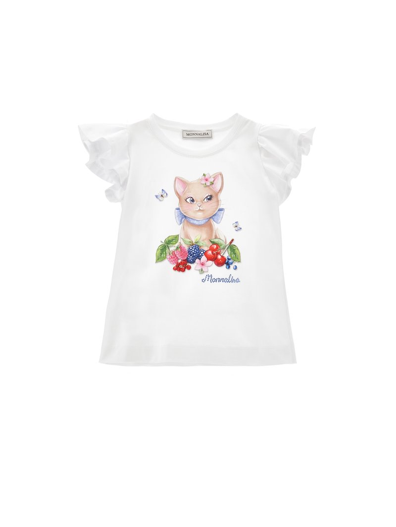 Hvit T-skjorte med korte, volang ermer, med et fargerikt illustrert kattemotiv blant frukter, med merkenavnet "Monnalisa" under.