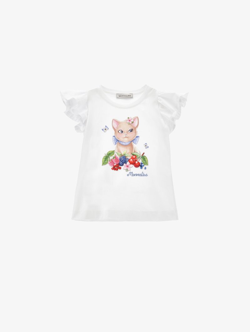 White T-shirt with short ruffled sleeves, featuring a colorful illustrated cat among fruits, with the brand name "Monnalisa" below.