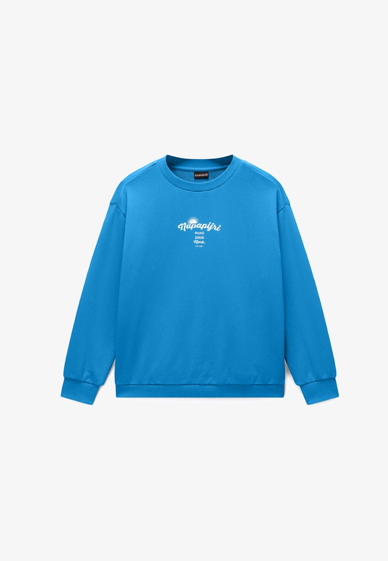 Blue long-sleeve sweatshirt with white "Napapijri Make Your Mark" text and sun graphic centered on the chest.
