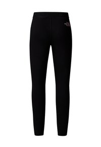 Svarta leggings gjorda av stretchigt material, med en bred midja med branding och sydd panelering för en sömlös look.