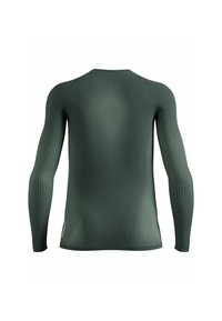 Dark green long-sleeve athletic shirt with gradient dot pattern, shown from the back.