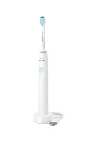 Spazzolino elettrico con corpo bianco, setole blu e bianche, testa rotonda, pulsante di accensione e base di ricarica USB.