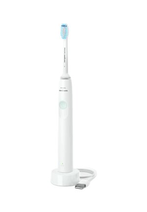 Spazzolino elettrico con corpo bianco, setole blu e bianche, testa rotonda, pulsante di accensione e base di ricarica USB.