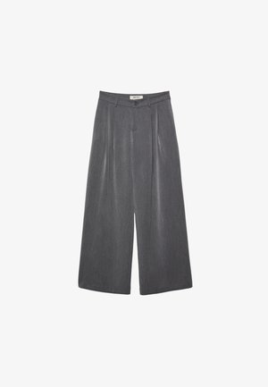 Pleated wide-leg trousers in a dark gray fabric with a subtle texture. Features a button closure and a classic waistband design.