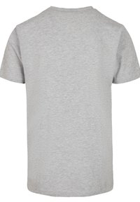 Graues Baumwoll-T-Shirt mit kurzen Ärmeln, rundem Ausschnitt und glatter Textur; keine sichtbaren Logos oder Designs auf der Rückseite.