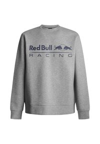 Szara bluza dresowa z bawełnianej mieszanki, z okrągłym dekoltem, długimi rękawami oraz nadrukiem z przodu z napisem „Red Bull Racing” w granatowym kolorze.