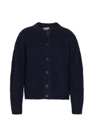 Marineblaues gestricktes Cardigan mit rundem Ausschnitt, langen Ärmeln und fünf braunen Knöpfen. Verfügt über ein strukturiertes, grobes Muster.