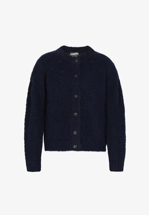 Marineblaues gestricktes Cardigan mit rundem Ausschnitt, langen Ärmeln und fünf braunen Knöpfen. Verfügt über ein strukturiertes, grobes Muster.