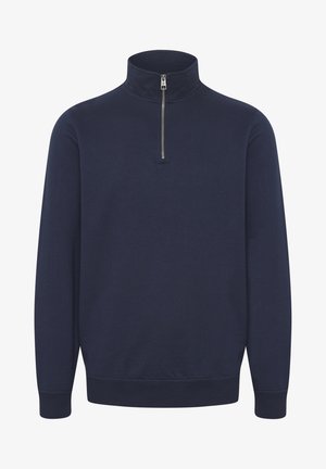 Pullover mezza zip in navy realizzato in morbido tessuto, con colletto alto, maniche lunghe e polsini e orlo a costine per una vestibilità aderente.