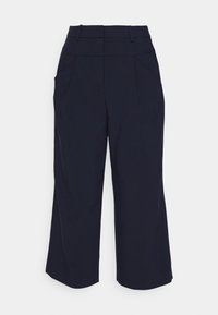 Pantalones de pierna ancha de talle alto en azul marino, con bolsillos frontales y pasadores para cinturón, diseñados para un ajuste suelto y cómodo.