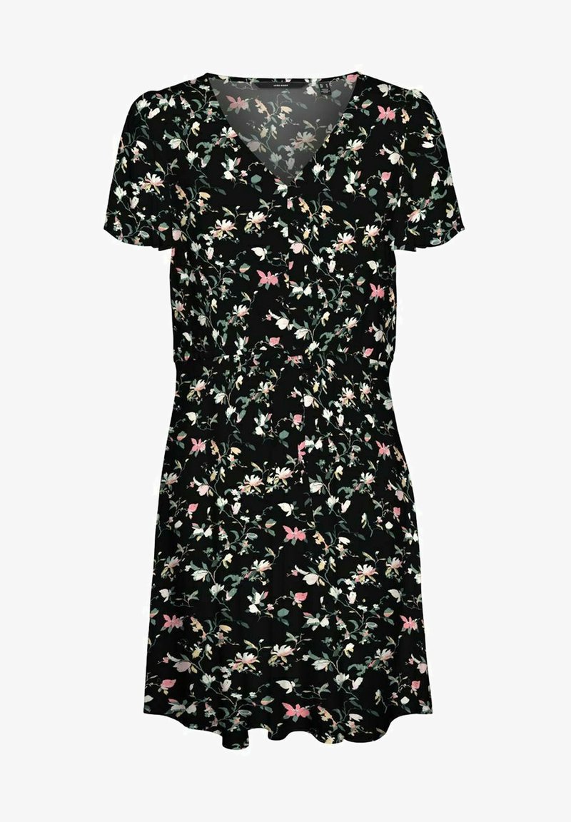 Robe noire à manches courtes avec col en V, ornée d'un motif floral de fleurs roses, blanches et vertes ainsi que de feuilles, taille cintrée et ourlet à hauteur des genoux.
