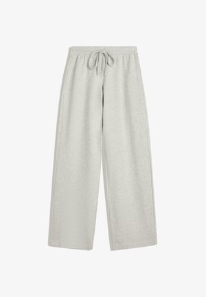 Light gray, wide-leg sweatpants with a soft texture, elastic waistband, and front tie detail. No pockets visible. Casual design.