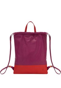 Sac à dos à cordon de tirage en violet et rouge, fabriqué en matériau doux, avec des bretelles réglables, un haut froncé et une texture lisse.
