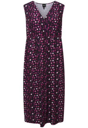 Ærmeløs kjole i sort stof med et livligt pink og hvidt prikmønster; elastisk talje for facon; V-hals design.