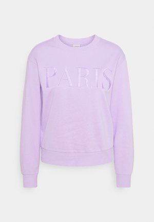 Fliederfarbener Sweatshirt mit Rundhalsausschnitt, langen Ärmeln und gerippten Bündchen, mit großem, besticktem "PARIS"-Schriftzug auf der Brust.