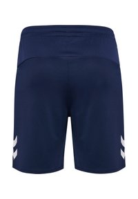 Marineblaue Sportshorts mit glatter Textur, elastischem Bund und zwei weißen Chevron-Akzenten nahe dem Saum.