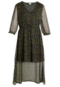 Larga vestido negro con escote en V, mangas transparentes y un lazo en la cintura. Presenta un estampado floral en mostaza y blanco, con un detalle de dobladillo en capas.