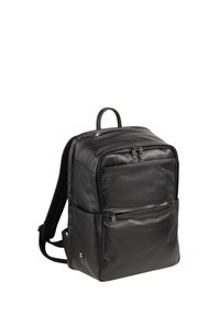 Sac à dos en cuir noir au design épuré, doté d'une finition texturée, de compartiments zippés et de bretelles rembourrées pour plus de confort.