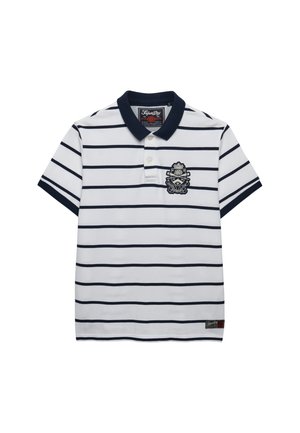 Witte poloshirt met zwarte horizontale strepen, marineblauwe kraag, twee knopen en geborduurd wapen op de linkerborst.