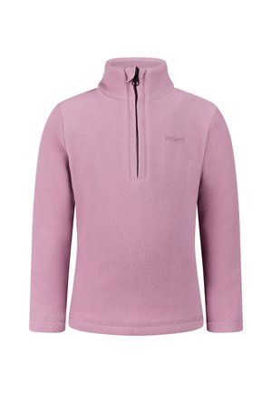 Roze fleece trui met lange mouwen, een kwart ritssluiting en een opstaande kraag, met subtiele logo-borduring op de linkerborst.