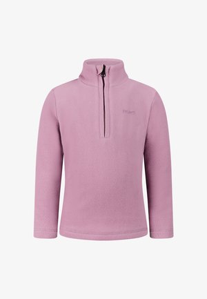 Long-sleeve pink fleece pullover with a quarter zip and stand-up collar, featuring subtle logo embroidery on the left chest.