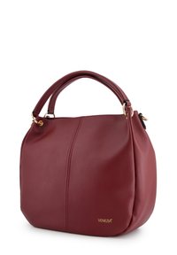 Sac à main rond en cuir bordeaux avec une finition texturée, doté d'une seule poignée et d'accents en métal doré. Logo imprimé sur le côté.