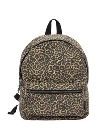 Rucsac mic cu un model de imprimeu leopard maro și negru, buzunar frontal cu fermoar și mână de transport neagră în partea de sus.