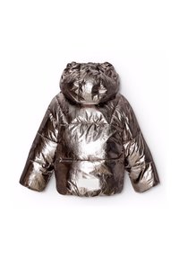 Metallic puffer-jacka, med huva och rynkdetailjer, med quiltade sektioner. Mörk bronsfärg med glänsande finish och elastiska manschetter.
