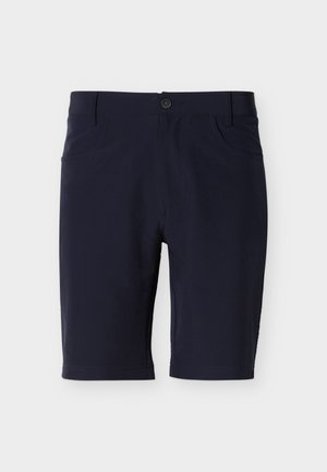 Navy blue knee-length shorts with front button and zip closure, belt loops, and side pockets on a white background.