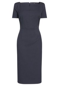 Robe ajustée bleu foncé avec manches courtes et encolure carrée. Longueur au genou, tissu lisse et design minimaliste. Fermeture au dos visible.