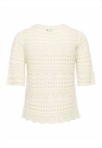 Haut en tricot crème, présentant un motif crocheté texturé avec des designs circulaires et en zigzag. Ourlet festonné et manches légèrement longues aux coudes.