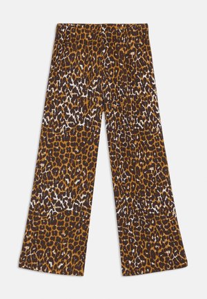 Pantalons larges à imprimé léopard avec une palette de couleurs brune et dorée, dotés d'un tissu à texture douce et d'une coupe fluide et décontractée.