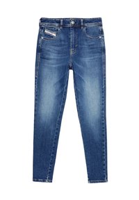 Jean skinny en denim bleu avec légère décoloration sur les cuisses, fermeture à boutons sur le devant, passants de ceinture et cinq poches dont une petite poche pour pièces de monnaie.