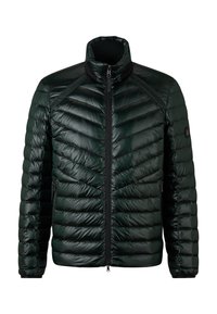 Tmavozelená péřová bunda s lesklým povrchem, s chevronovým prošíváním, vysokým límcem a zipovým uzávěrem, doplněná černými akcenty.