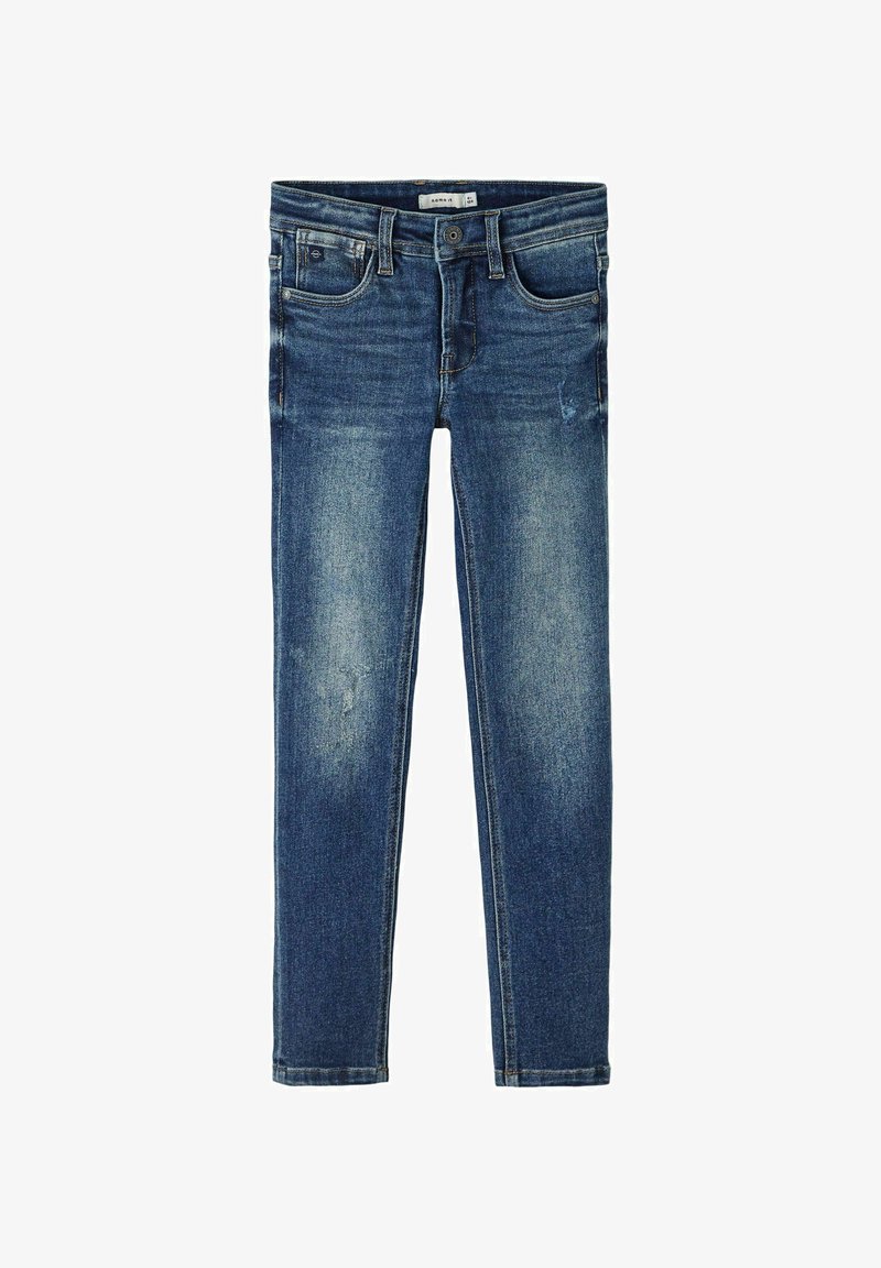 Dark blue denim jeans with a slim fit, featuring a faded texture, five-pocket design, and brass hardware for the button and zipper.