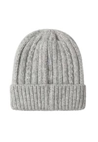Gorro de lana gris de punto con textura acanalada, que presenta un dobladillo en la base. La suave lana proporciona calidez y comodidad.