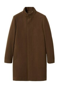 Cappotto di lana marrone con colletto alto e silhouette dritta. Il design è minimalista, senza bottoni visibili o decorazioni.