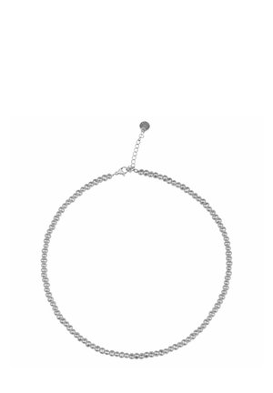 Silver pearl necklace featuring round, smooth beads with a clasp and adjustable chain for length variation. Glossy finish, uniform size.