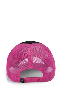 Pink mesh baseball cap with a black solid front panel. Features adjustable strap and logo tag. Texture is breathable with a structured shape.