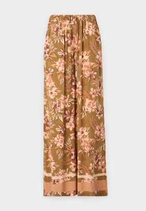 Floral wide-leg trousers in olive green with pink and cream flower patterns. Features an elastic waistband and a contrasting hemline.