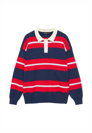 Maillot de rugby à manches longues avec des rayures horizontales bleu marine, rouge et blanc et un col blanc boutonné.