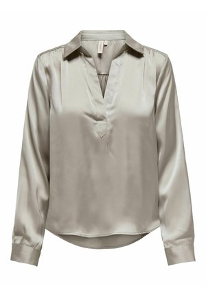 Silky taupe blouse with a collar, long sleeves, and a V-neckline. The fabric has a smooth texture and a slightly glossy finish.
